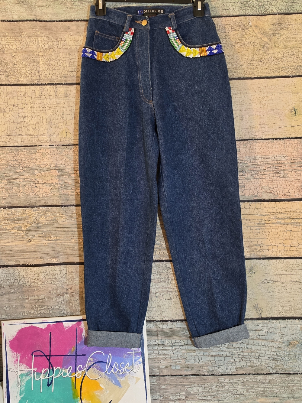Vintage Dark Wash Mom Jeans Beaded Pocket Denim